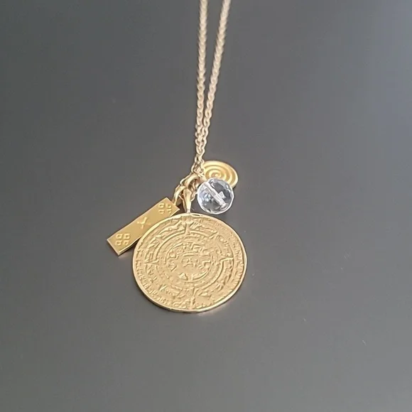 NWT Women's Necklace Gold Handmade Aztec Medallion Charms Quartz Boho Layering - Picture 3 of 8